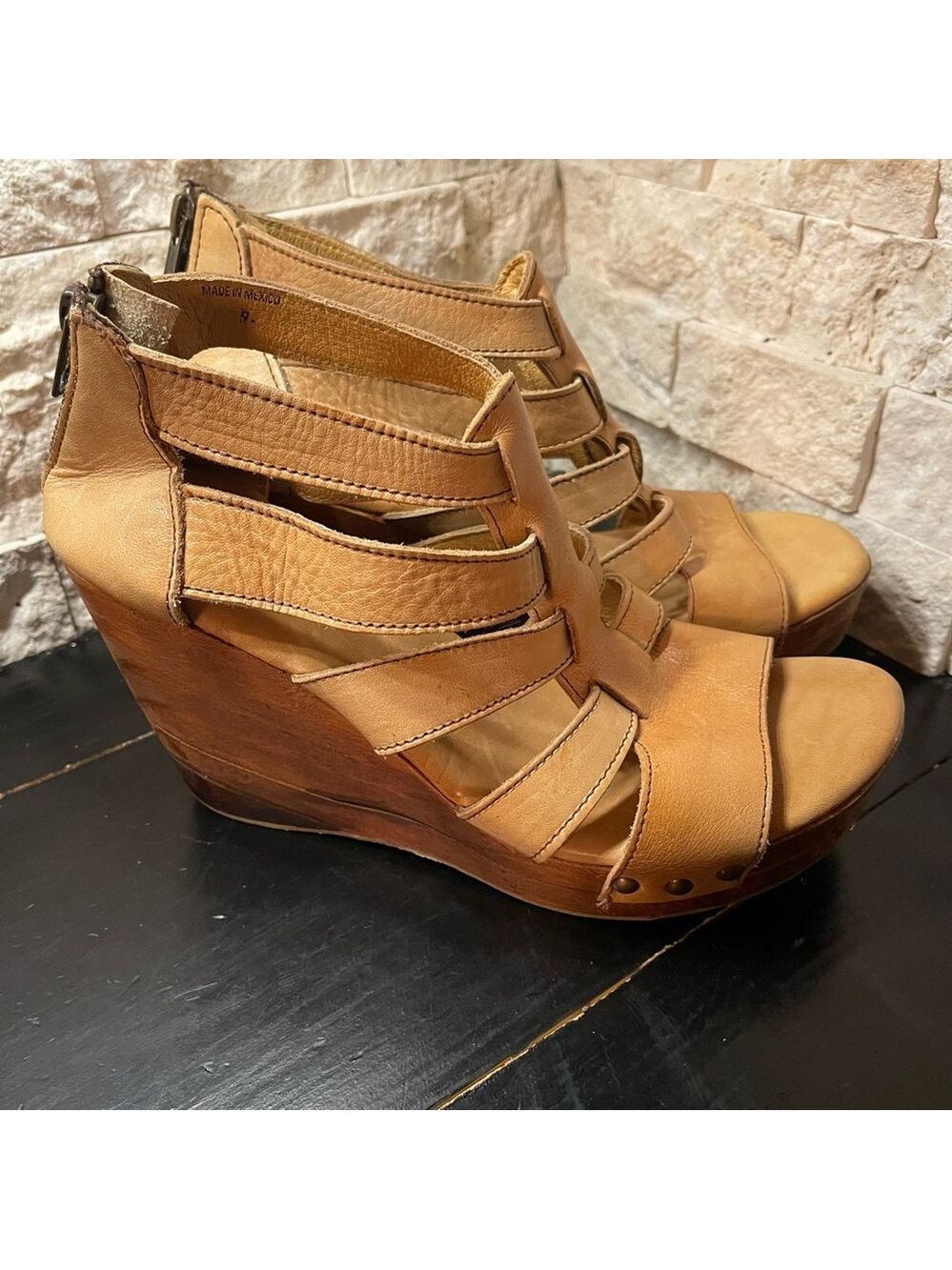 BED STU olinda cobbler series gladiator leather strap wooden platform wedges 9